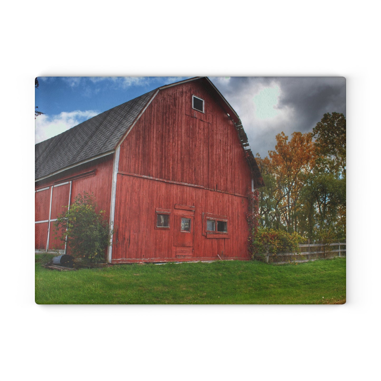 U R There Photography Hegel Road Old Red II Rustic Farmhouse Tempered-Glass Cutting Board