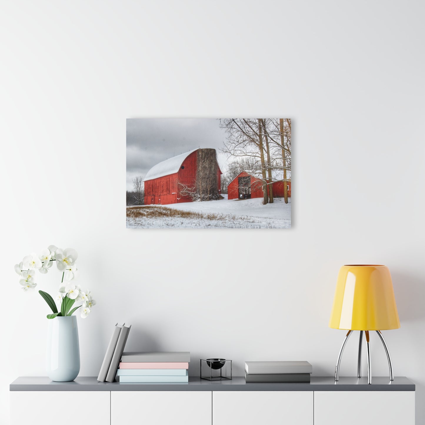 U R There Photography Catlin Reds in Winter I Rustic Farmhouse Acrylic Wall Print