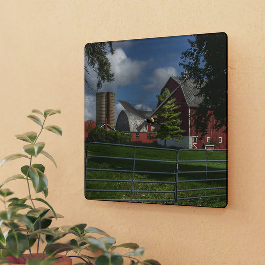 U R There Photography Hough Road Reds and Silo I Rustic Farmhouse Acrylic Analog Wall Clock