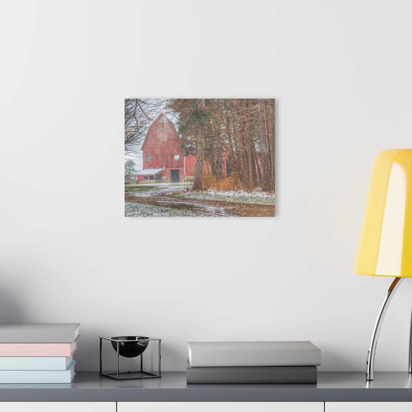 U R There Photography Tubspring Road Hidden Winter Red Rustic Farmhouse Acrylic Wall Print