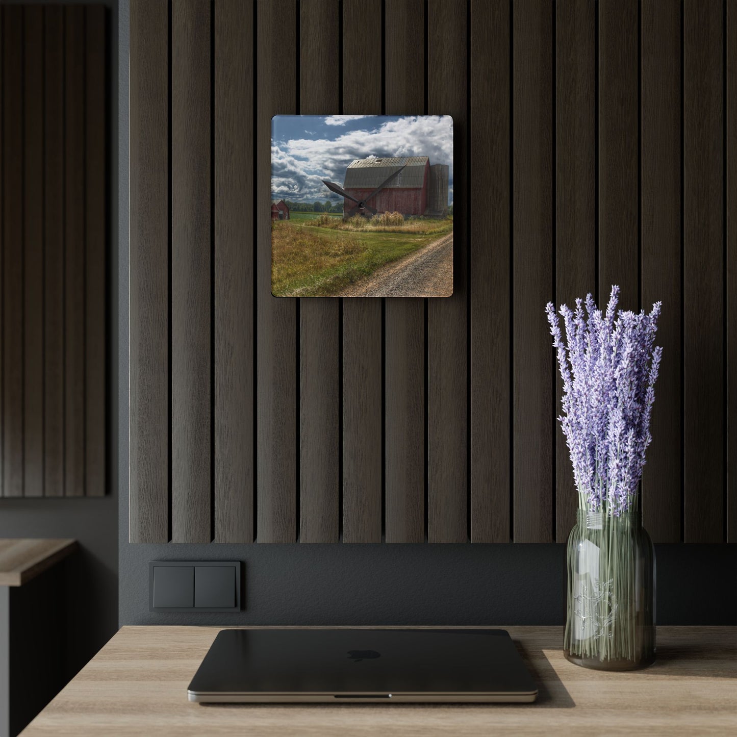 U R There Photography Haines Road Reds Rustic Farmhouse Acrylic Analog Wall Clock