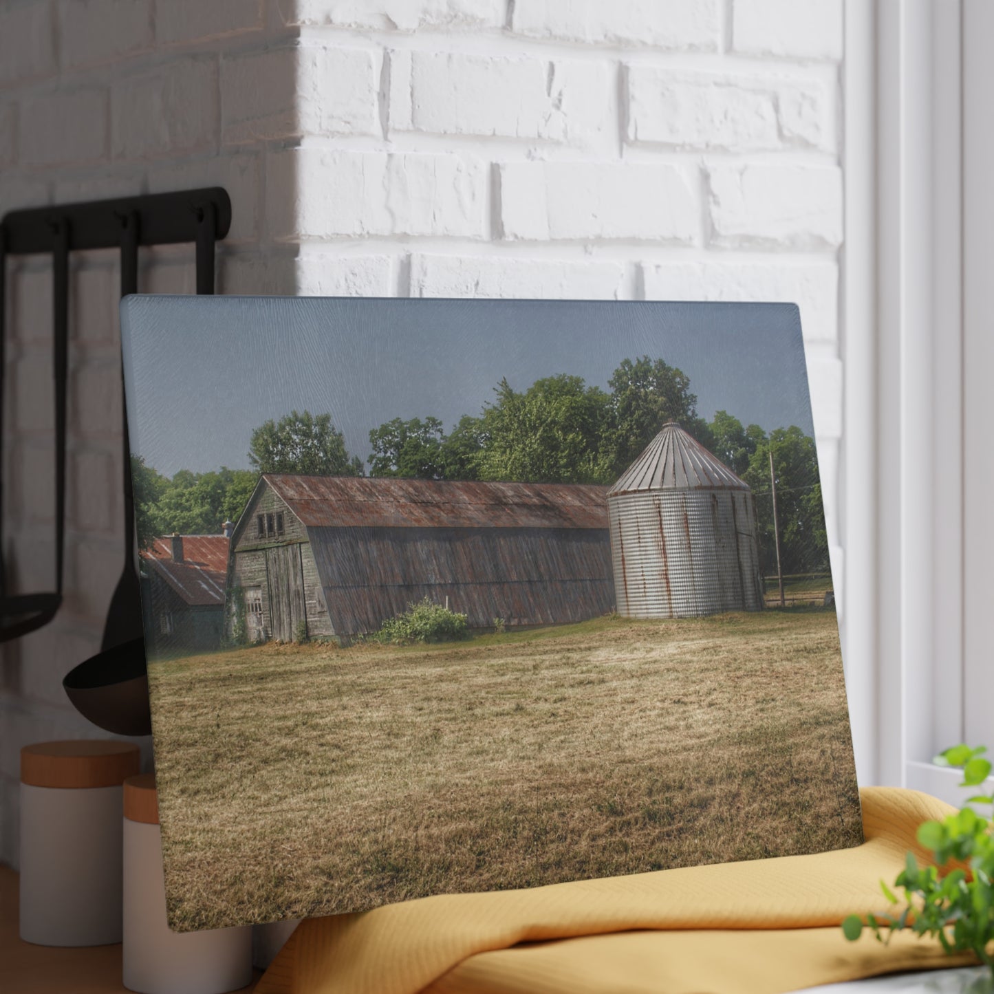 U R There Photography Hough Road Green Quonset II Rustic Farmhouse Tempered-Glass Cutting Board