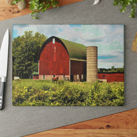 Barn Boutique Rustic Tempered-Glass Cutting Board| Elmwood Road Red Barn and Horses