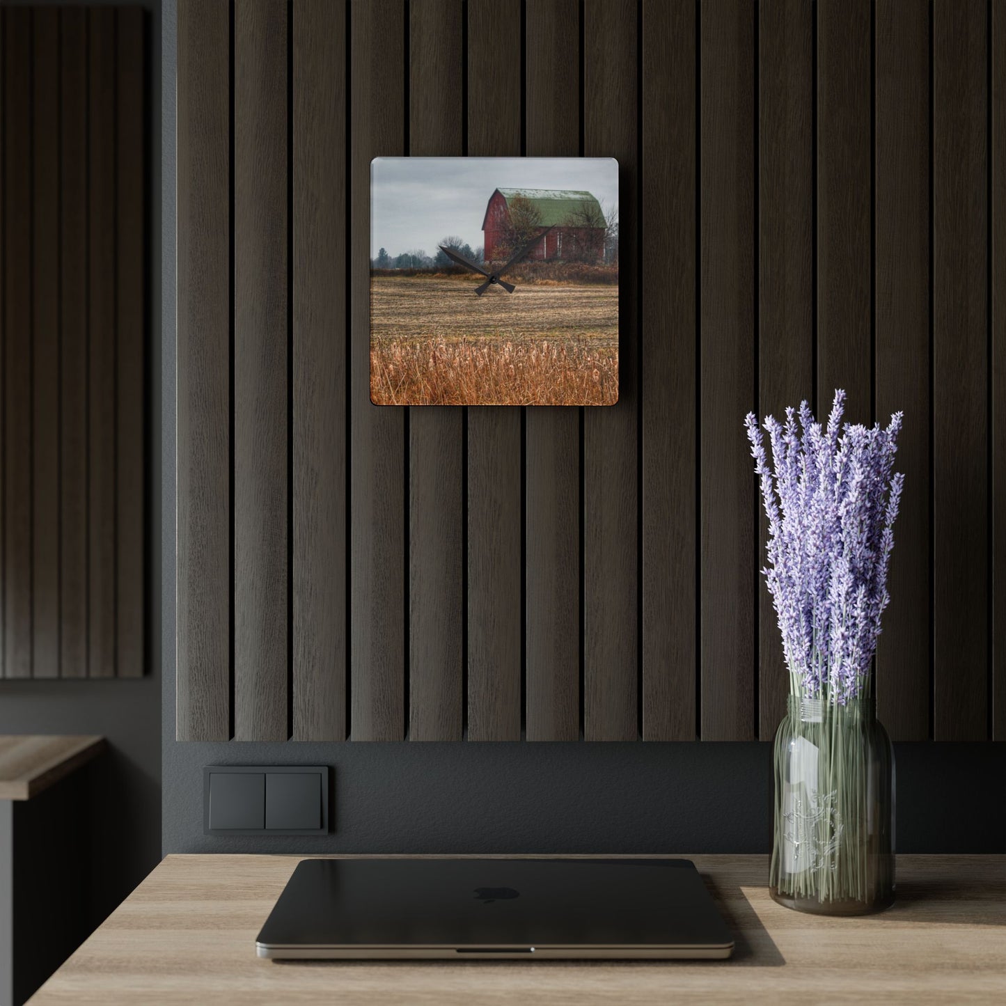 U R There Photography Bowers Road Red IV Rustic Farmhouse Acrylic Analog Wall Clock