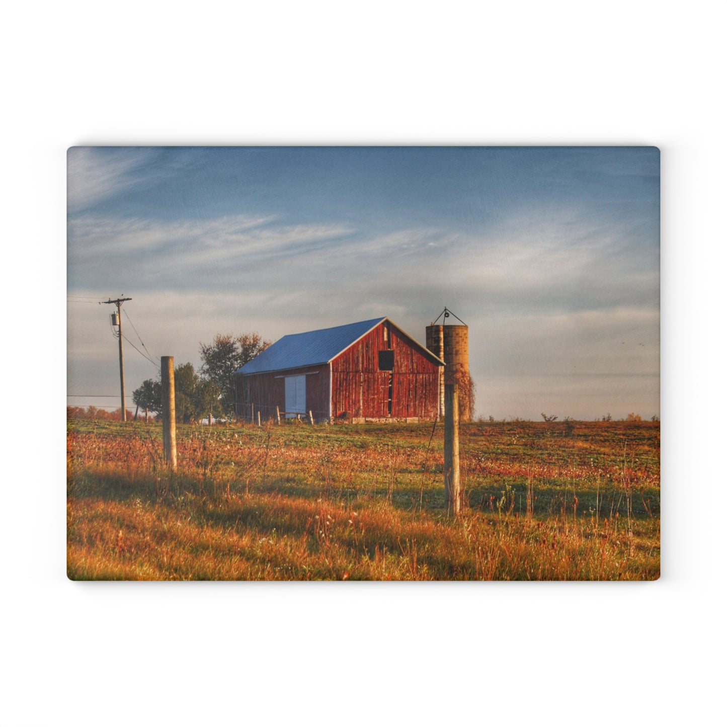 U R There Photography Lake Pleasant Road Little Red and Silo I Rustic Farmhouse Tempered-Glass Cutting Board