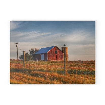 U R There Photography Lake Pleasant Road Little Red and Silo I Rustic Farmhouse Tempered-Glass Cutting Board