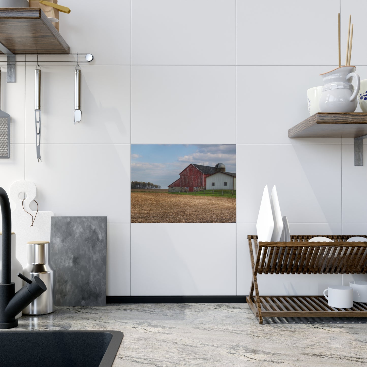 U R There Photography Cedar Creek Road Saltbox Red Rustic Farmhouse Decorative Ceramic Tile