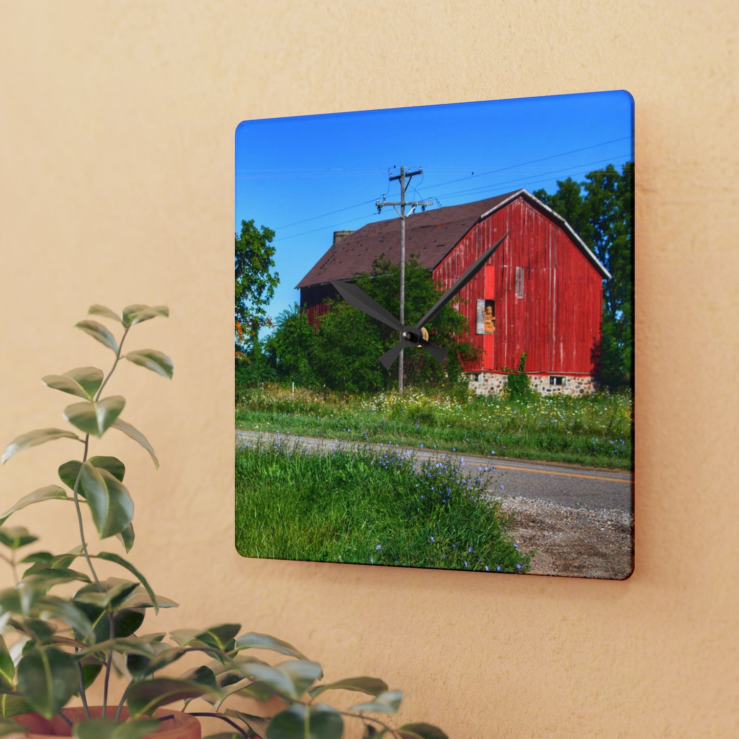 U R There Photography Armstrong Road Red II Rustic Farmhouse Acrylic Analog Wall Clock