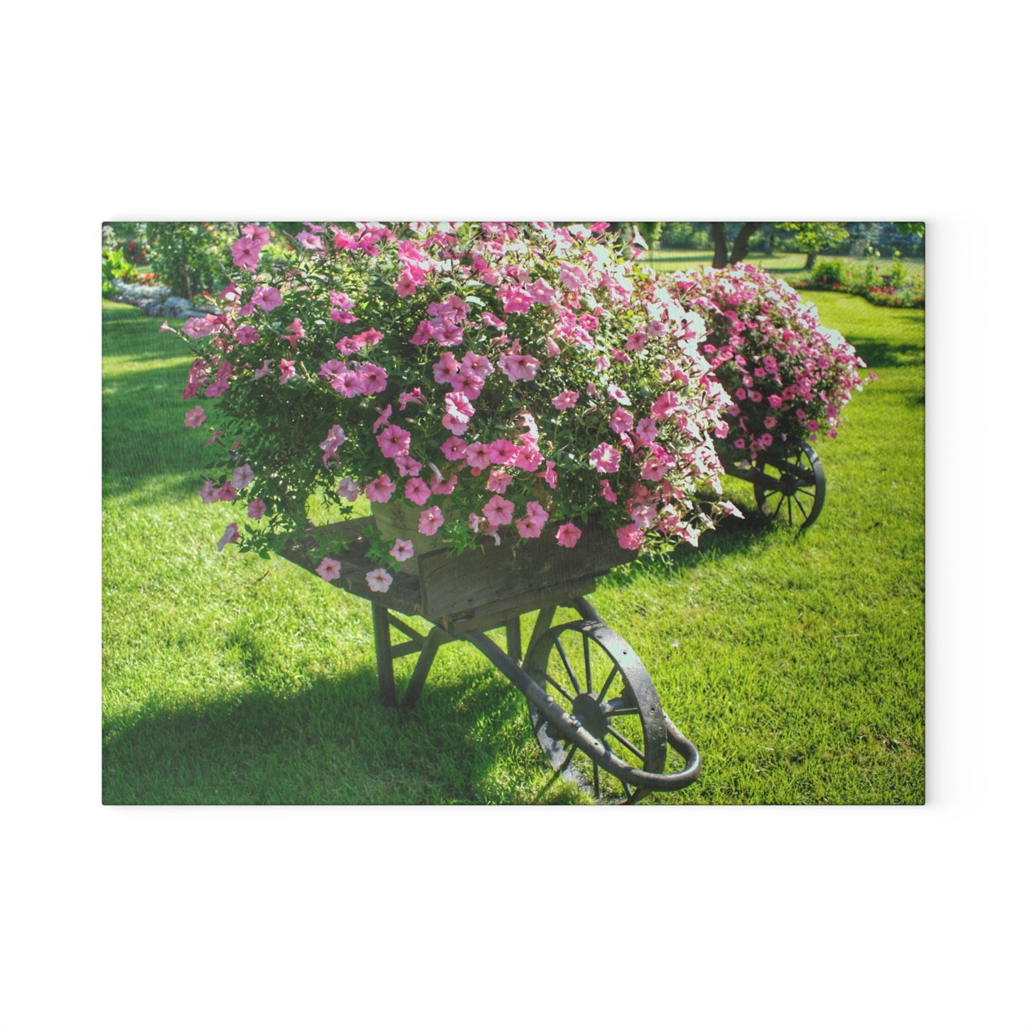 Barn Boutique Rustic Tempered-Glass Cutting Board| Wheelbarrow Full of Flowers