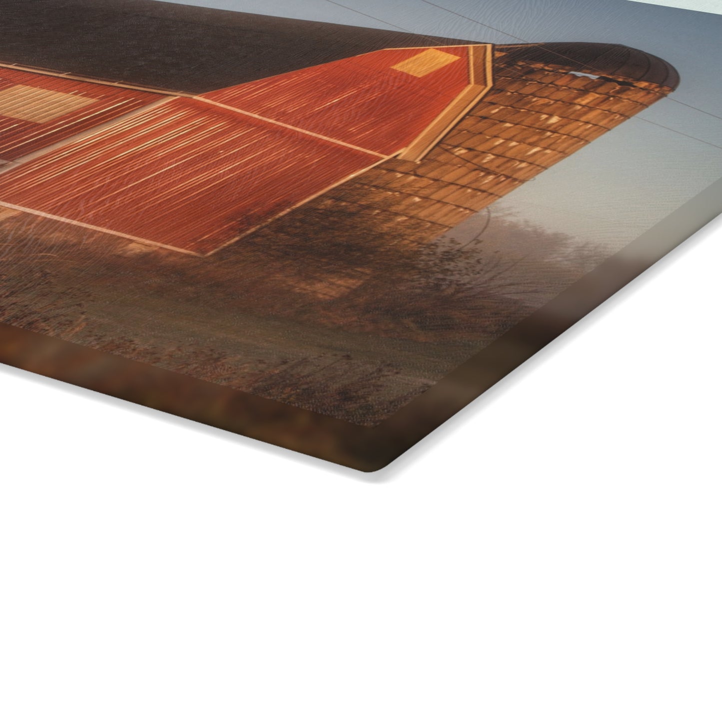 U R There Photography Klam Road Red Meets Foggy Sunrise II Rustic Farmhouse Tempered-Glass Cutting Board