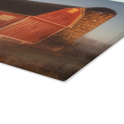 U R There Photography Klam Road Red Meets Foggy Sunrise II Rustic Farmhouse Tempered-Glass Cutting Board