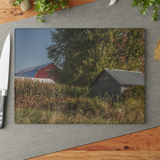 U R There Photography Barnes Road Hidden Red and Little Grey Rustic Farmhouse Tempered-Glass Cutting Board