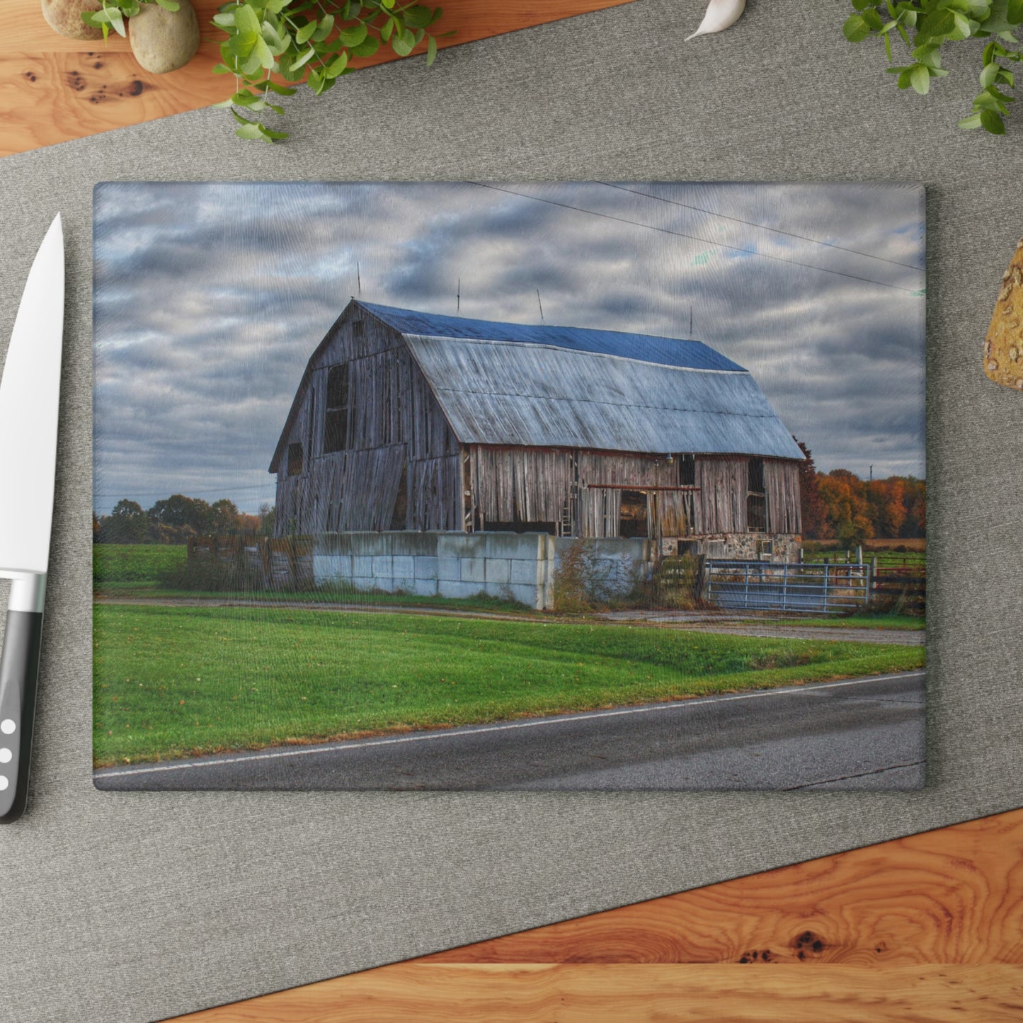 U R There Photography Marlette Road Haybarn Rustic Farmhouse Tempered-Glass Cutting Board