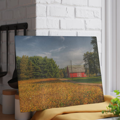 U R There Photography Red Barn on Golden Field Rustic Farmhouse Tempered-Glass Cutting Board