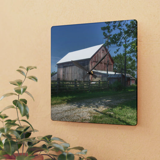 U R There Photography Castle Road Cow Barn II Rustic Farmhouse Acrylic Analog Wall Clock