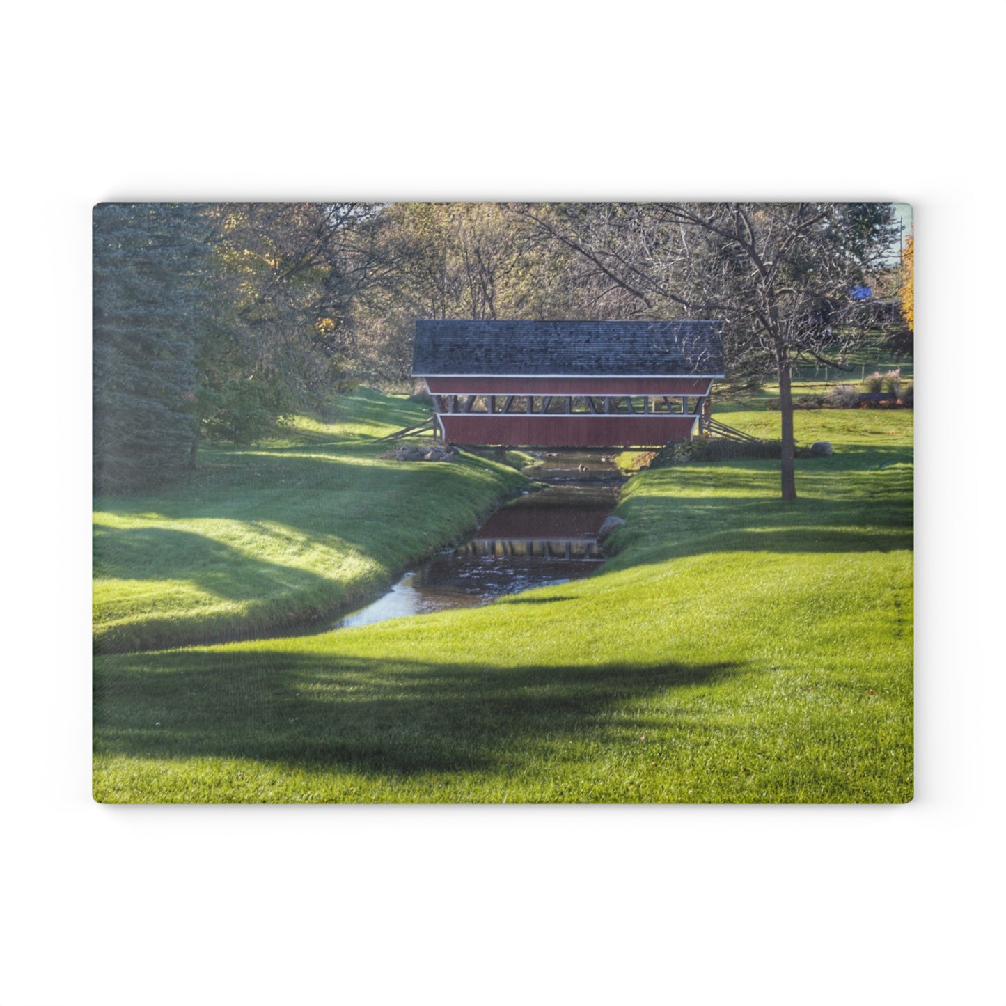 U R There Photography Hadley Covered Bridge I Rustic Farmhouse Tempered-Glass Cutting Board