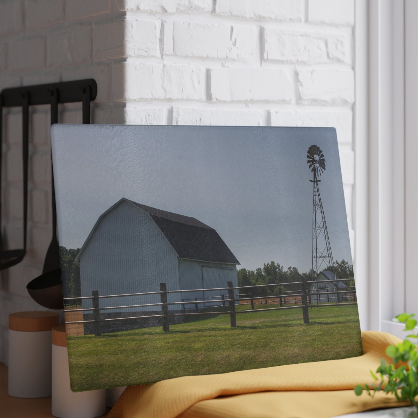 U R There Photography M-90 White and Windmill II Rustic Farmhouse Tempered-Glass Cutting Board