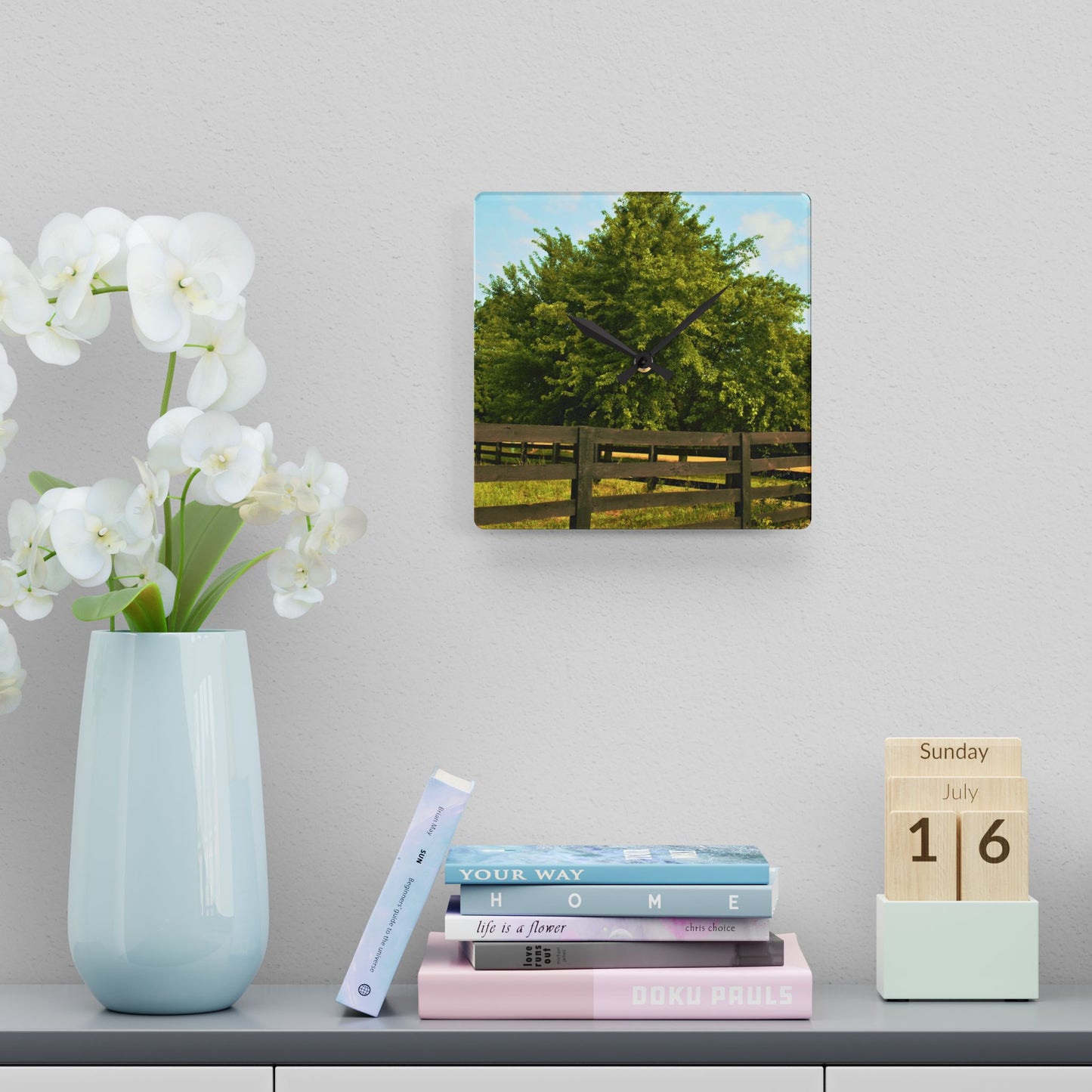 U R There Photography Country Fence and Tree in Metamora Rustic Farmhouse Acrylic Analog Wall Clock