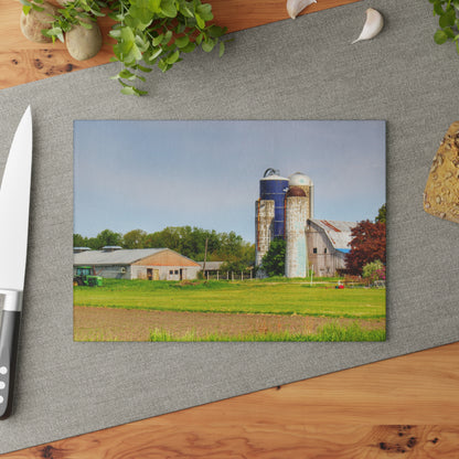 U R There Photography M-25 Old Grey and Silos Rustic Farmhouse Tempered-Glass Cutting Board