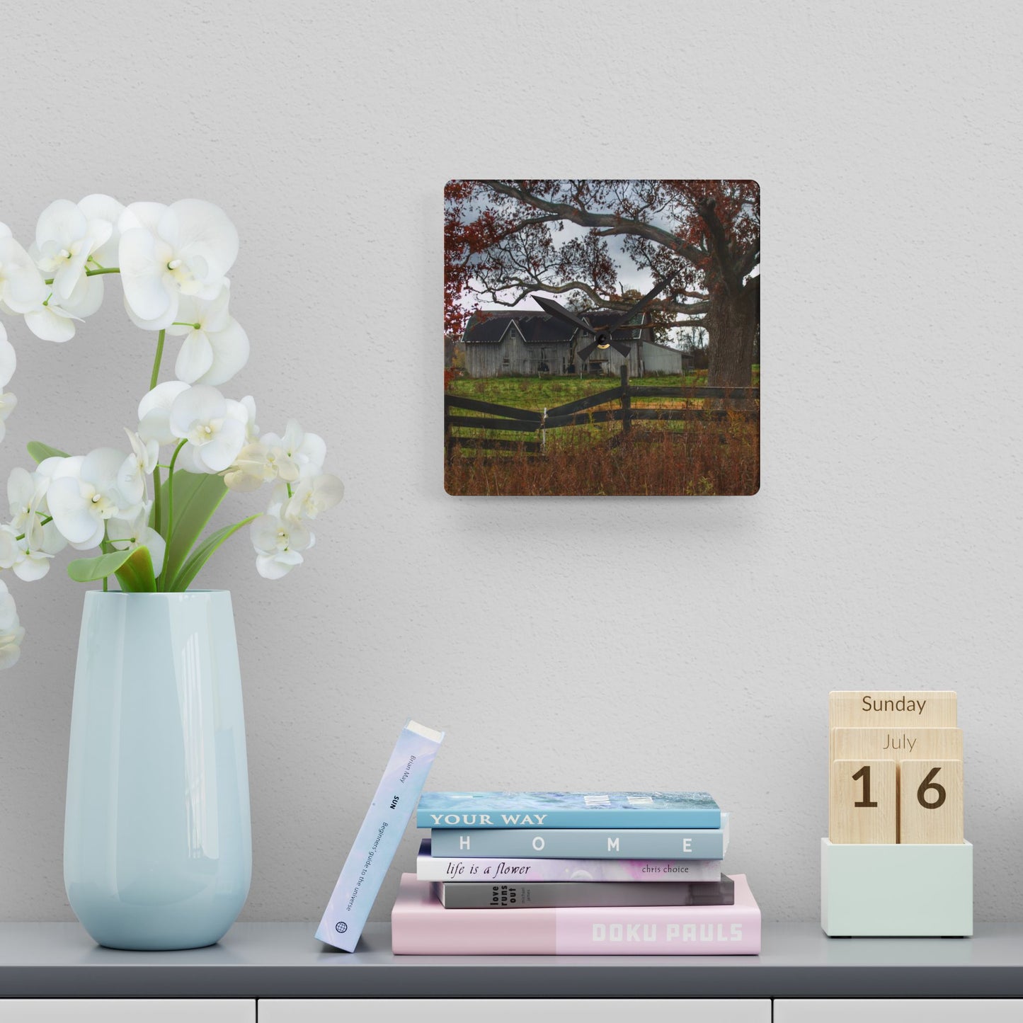 U R There Photography Green Road Grey Beyond the Oak Rustic Farmhouse Acrylic Analog Wall Clock