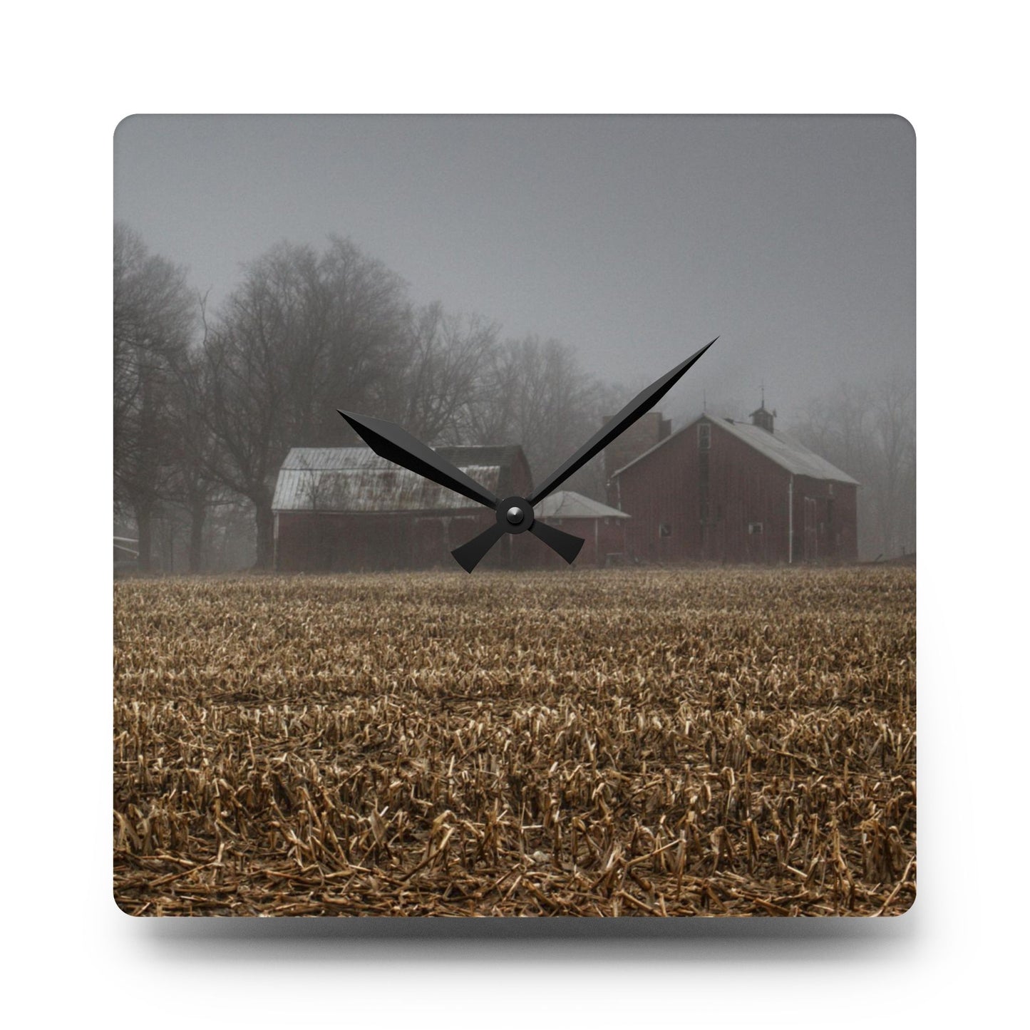 U R There Photography Farm in the Fog on Barnes Road Rustic Farmhouse Acrylic Analog Wall Clock