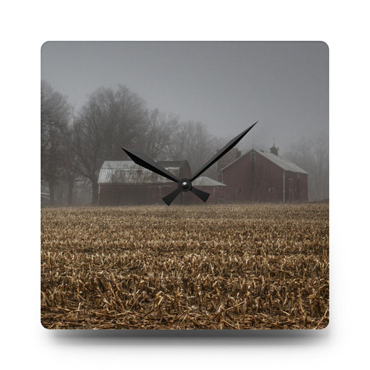 Farm in the Fog on Barnes Road Rustic Farmhouse Acrylic Analog Wall Clock 10.75'' × 10.75'' (Square)