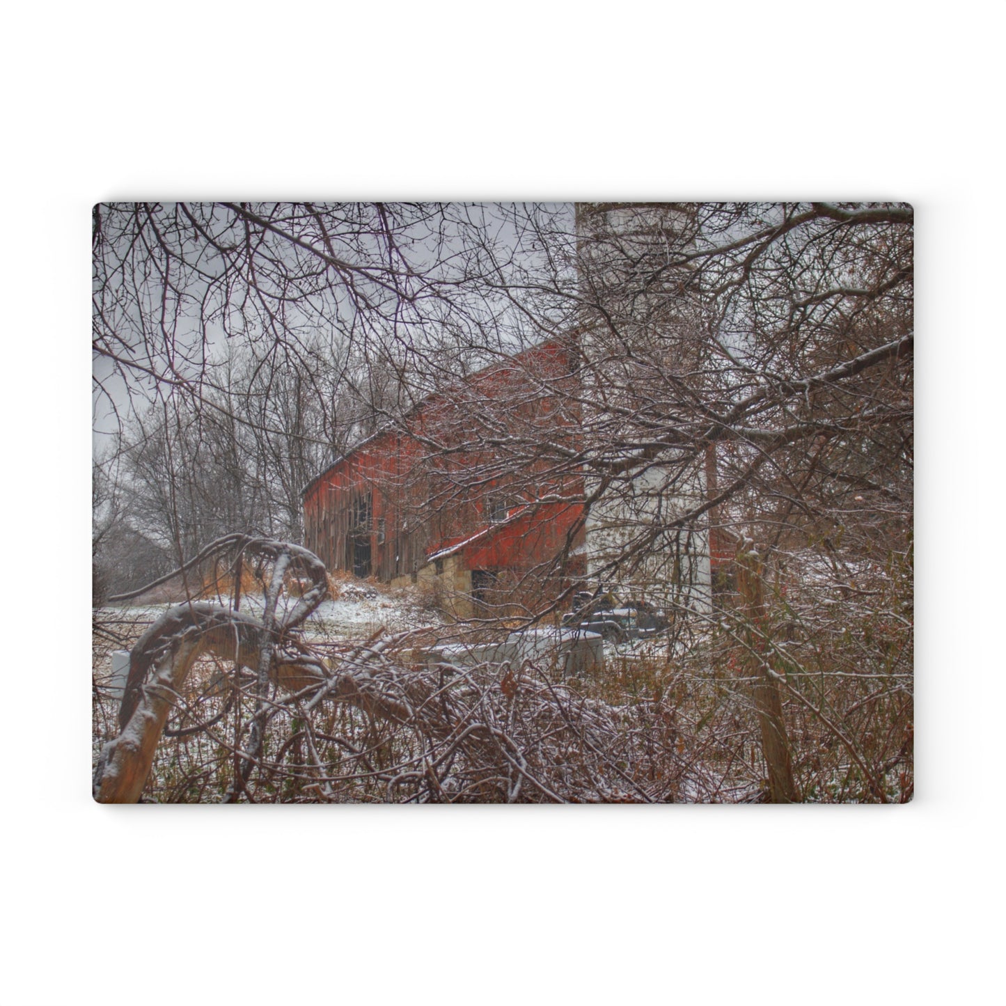 U R There Photography Sandhill Road Hidden Red I Rustic Farmhouse Tempered-Glass Cutting Board