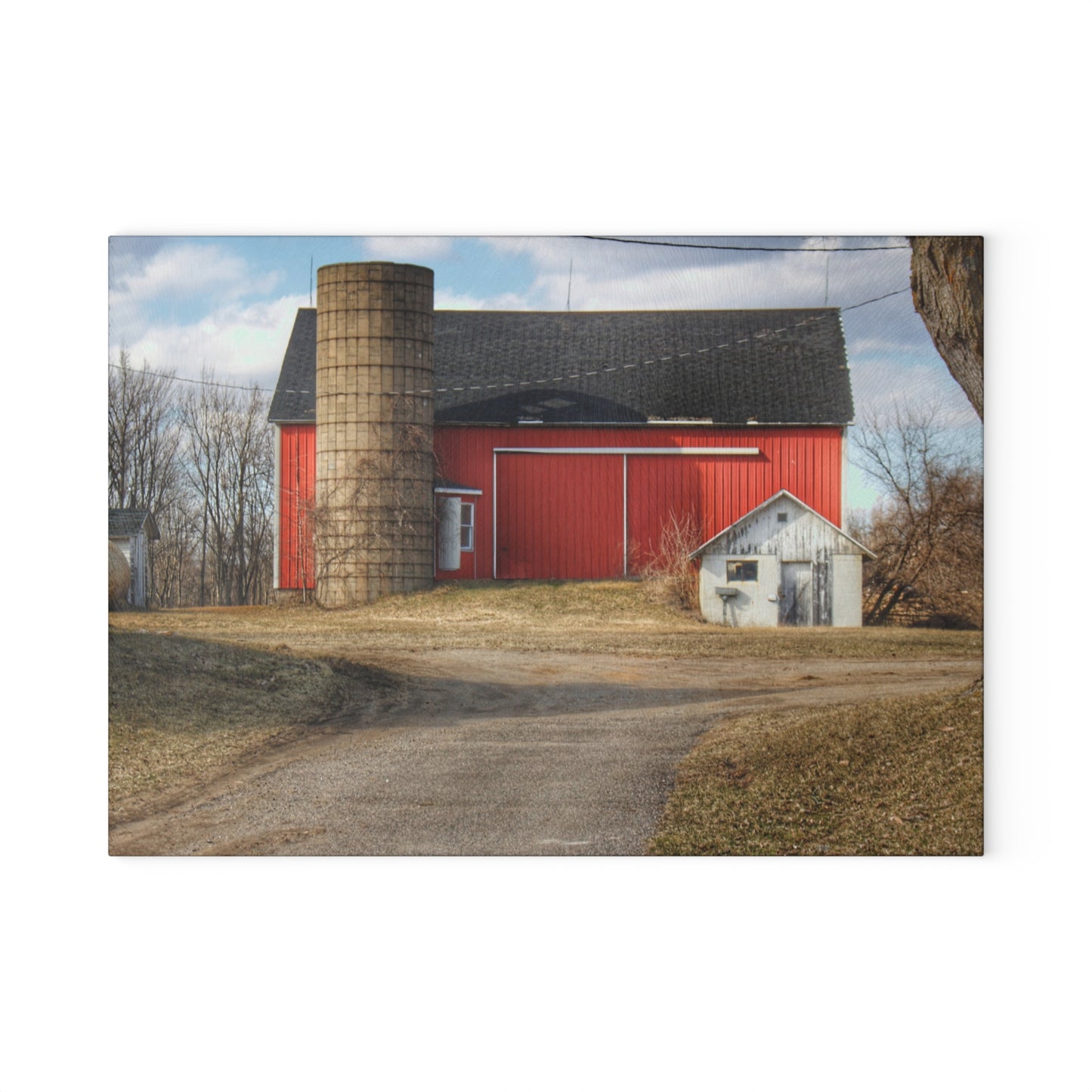 U R There Photography Mayville Road Red and Silo Rustic Farmhouse Tempered-Glass Cutting Board