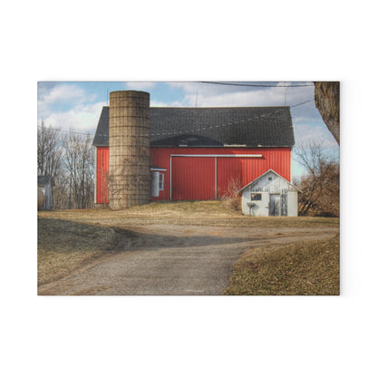 U R There Photography Mayville Road Red and Silo Rustic Farmhouse Tempered-Glass Cutting Board