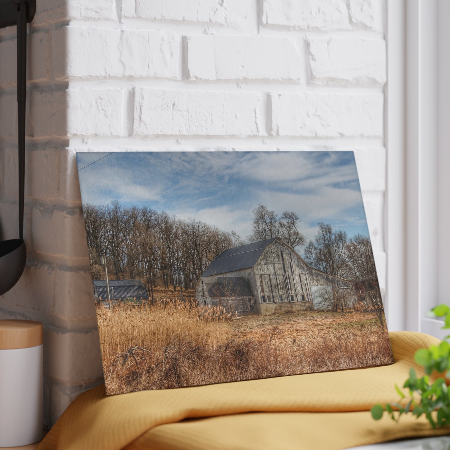 U R There Photography Newark Road White I Rustic Farmhouse Tempered-Glass Cutting Board