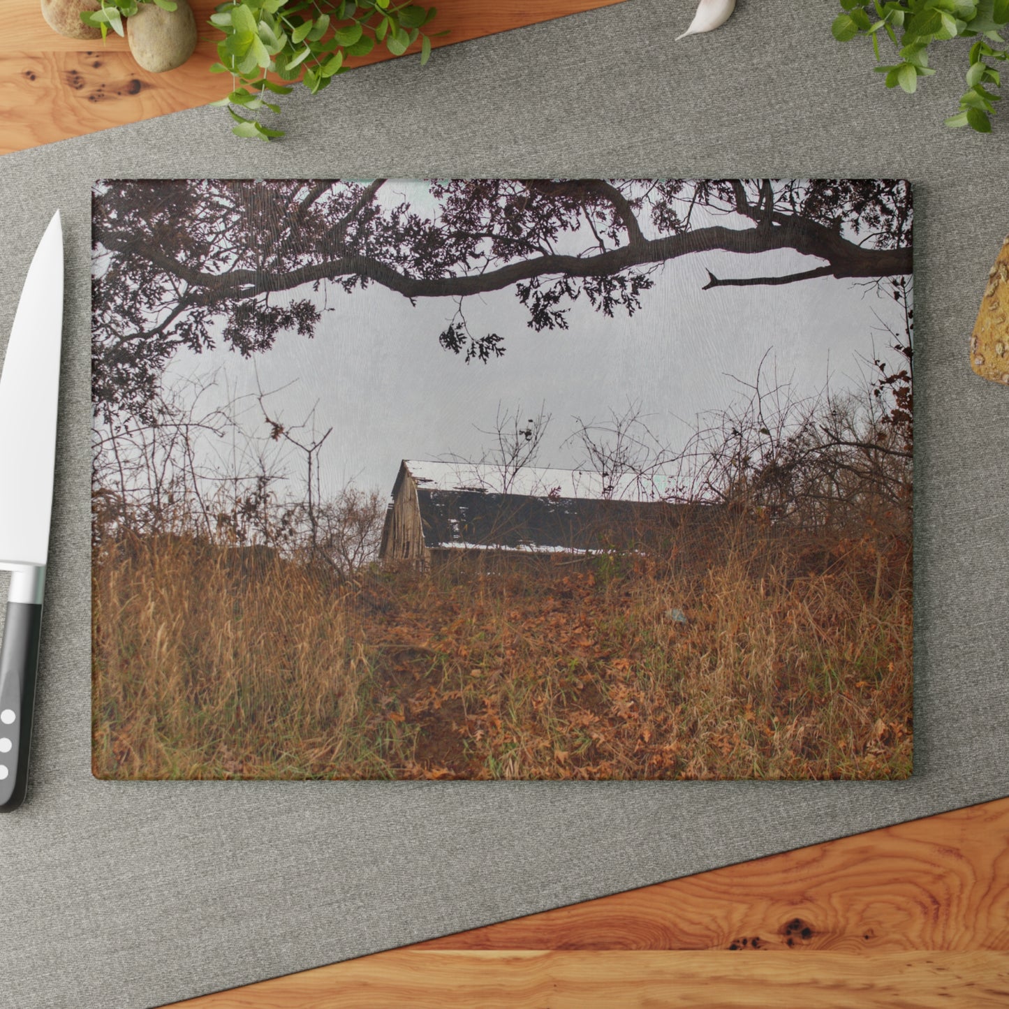 U R There Photography North Oxford Road Grey III Rustic Farmhouse Tempered-Glass Cutting Board