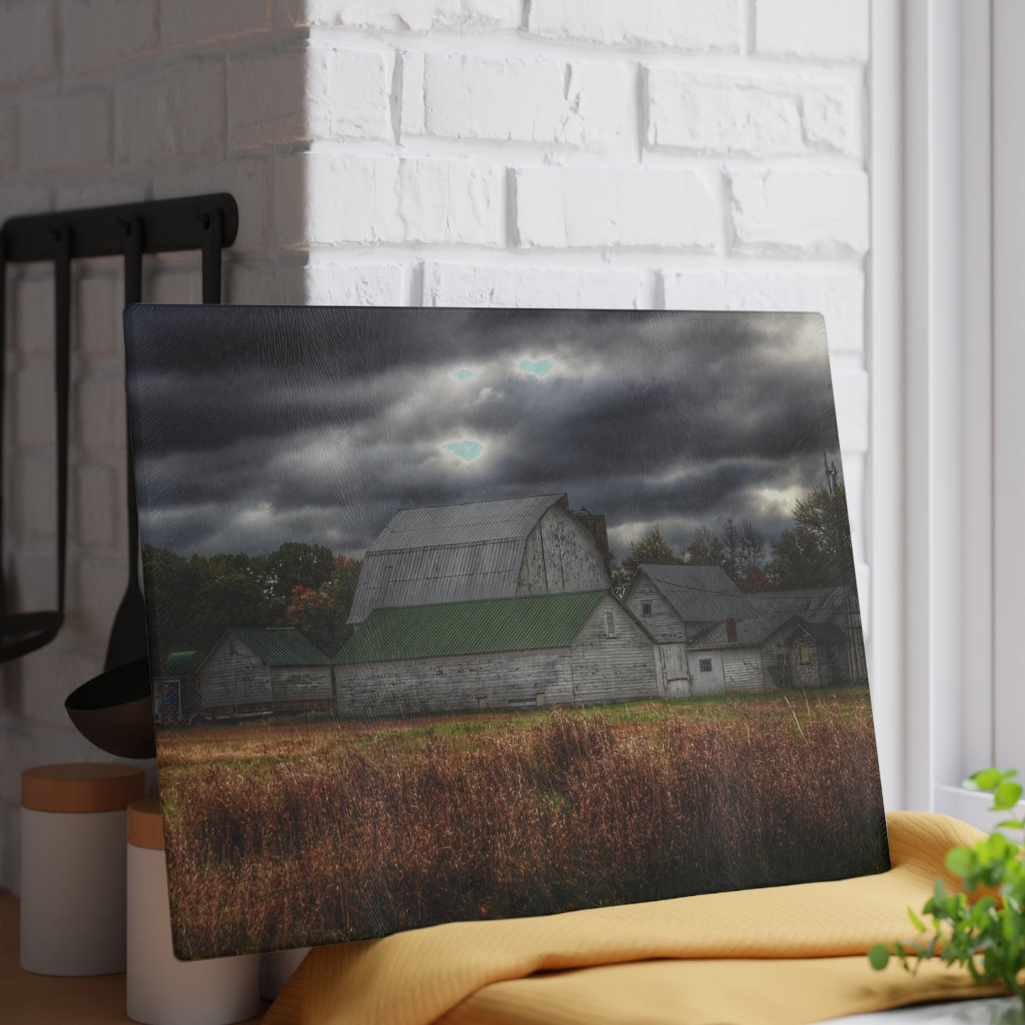 U R There Photography Farnsworth Road White Rustic Farmhouse Tempered-Glass Cutting Board