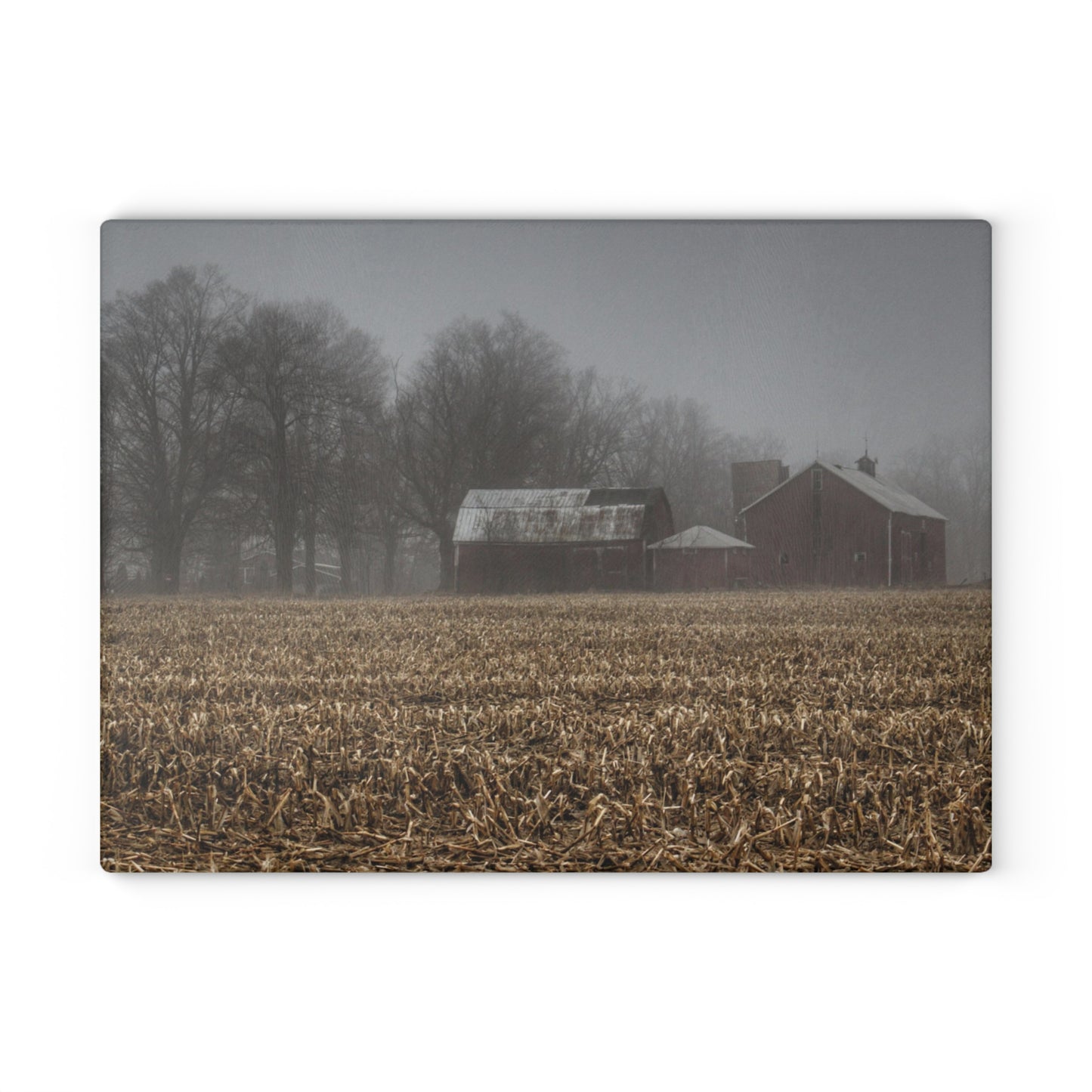 U R There Photography Farm in the Fog on Barnes Road Rustic Farmhouse Tempered-Glass Cutting Board