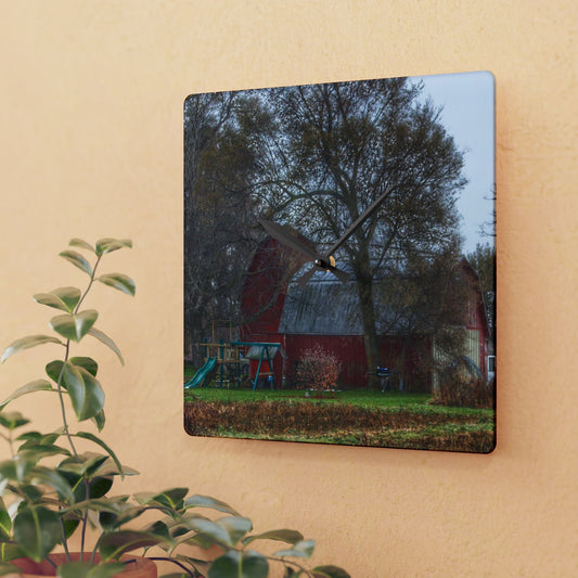U R There Photography Dryden Road Reds and Playscape Rustic Farmhouse Acrylic Analog Wall Clock