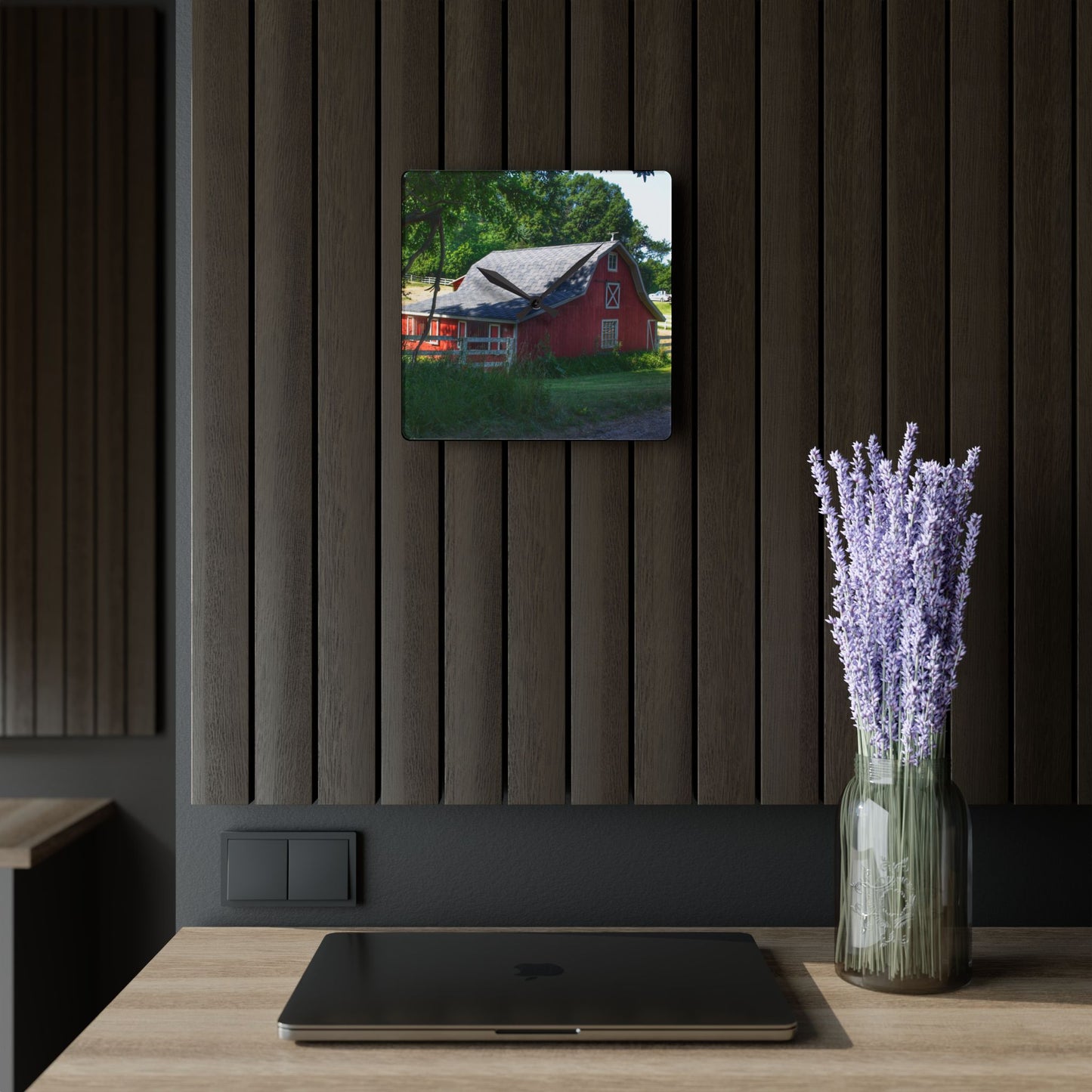 U R There Photography Davis Lake Road Little Red Rustic Farmhouse Acrylic Analog Wall Clock