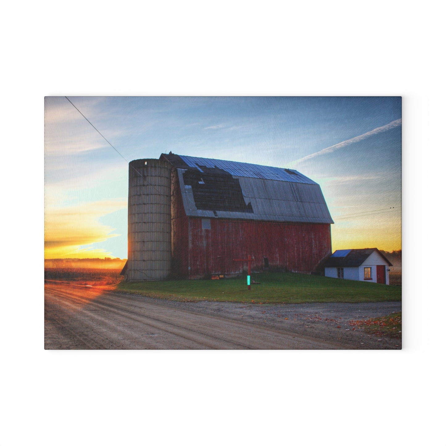 U R There Photography Haines Road Red at Sunrise Rustic Farmhouse Tempered-Glass Cutting Board