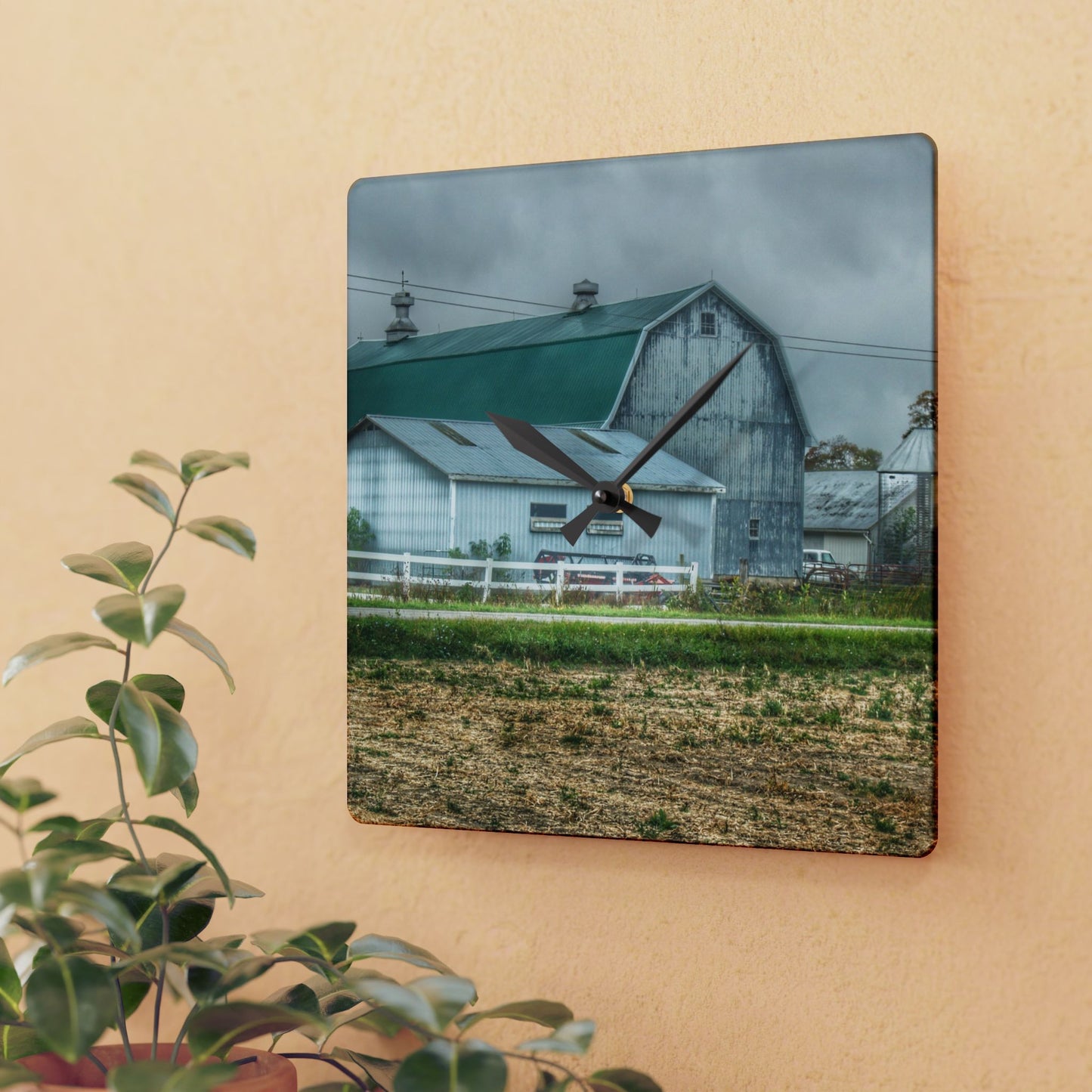 U R There Photography Richville Road Grey II Rustic Farmhouse Acrylic Analog Wall Clock