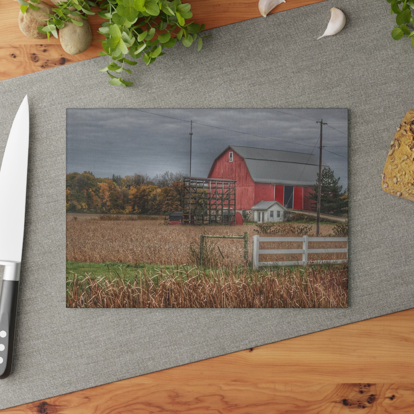 U R There Photography Barnes Road Red in Fall Rustic Farmhouse Tempered-Glass Cutting Board