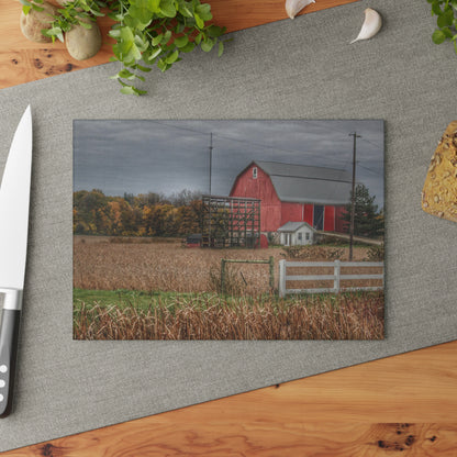 U R There Photography Barnes Road Red in Fall Rustic Farmhouse Tempered-Glass Cutting Board