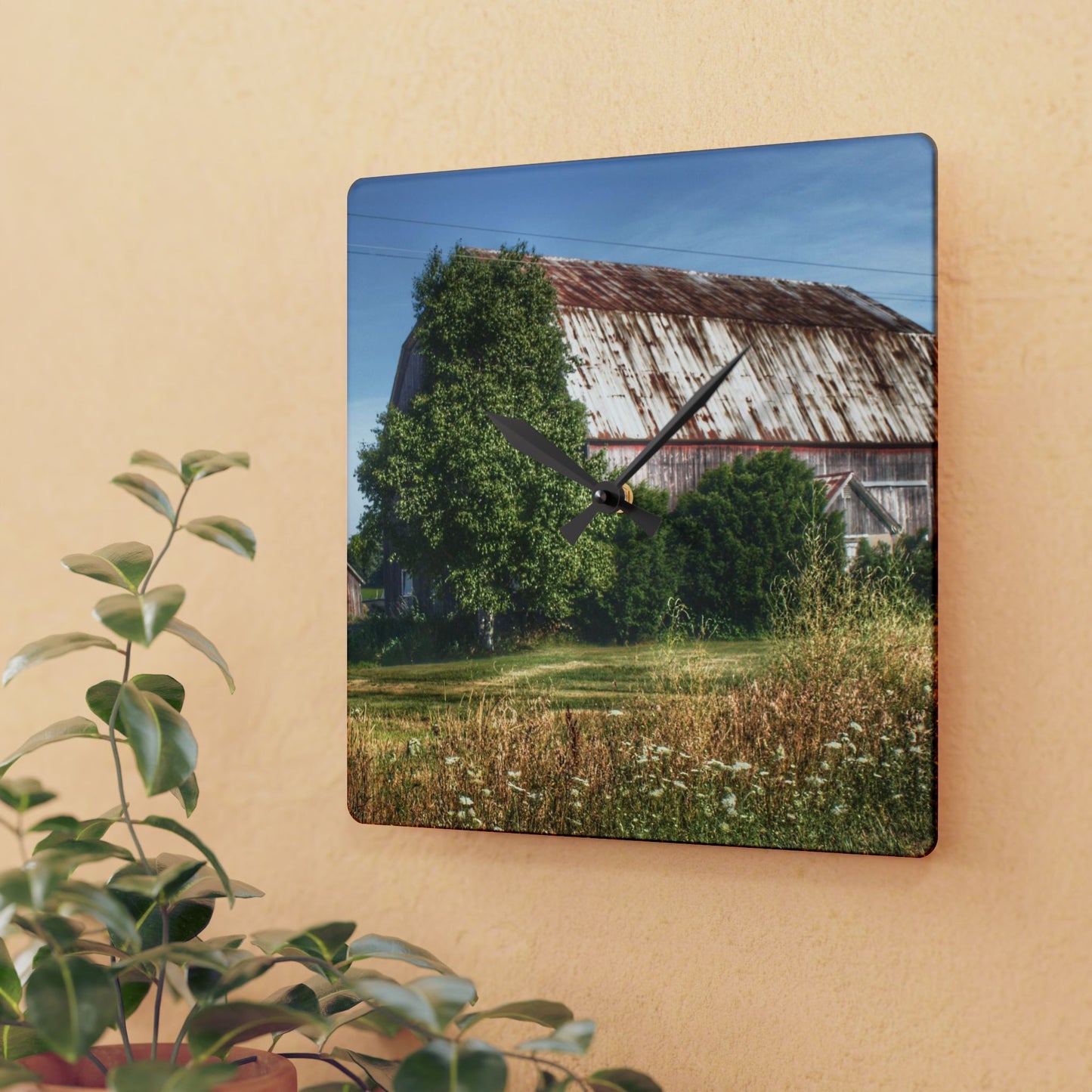 U R There Photography Barkley Road Red in Summer II Rustic Farmhouse Acrylic Analog Wall Clock