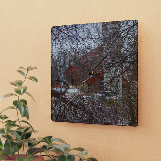 U R There Photography Sandhill Road Hidden Red I Rustic Farmhouse Acrylic Analog Wall Clock