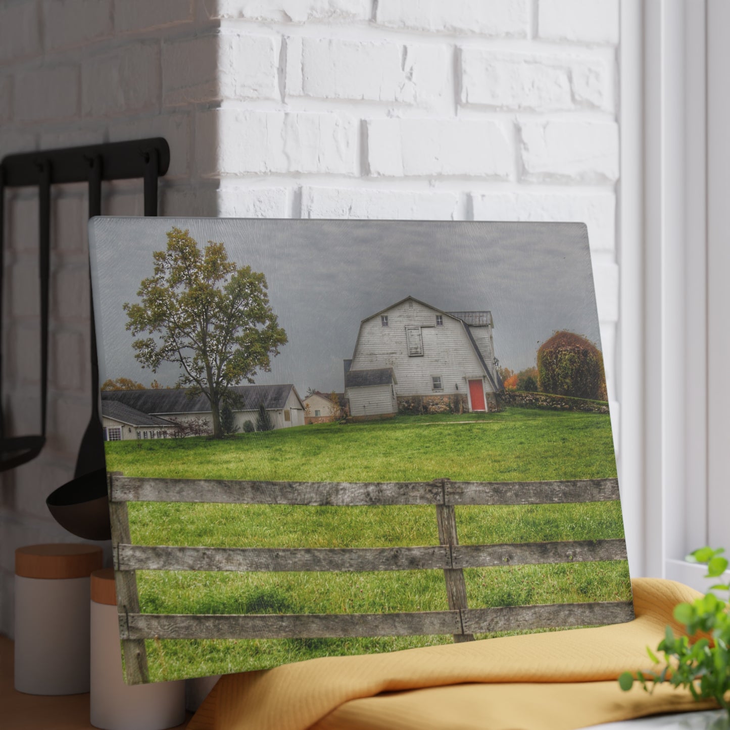 U R There Photography Hill Road Hillside White Rustic Farmhouse Tempered-Glass Cutting Board