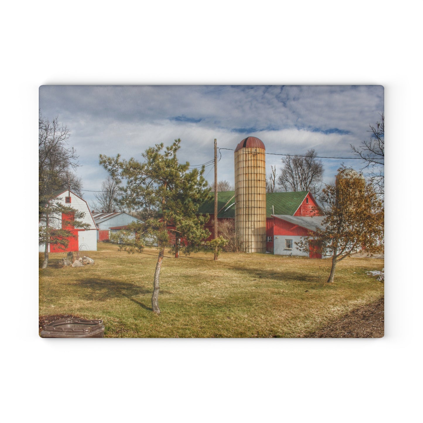 U R There Photography Newark Road Red and Silos I Rustic Farmhouse Tempered-Glass Cutting Board