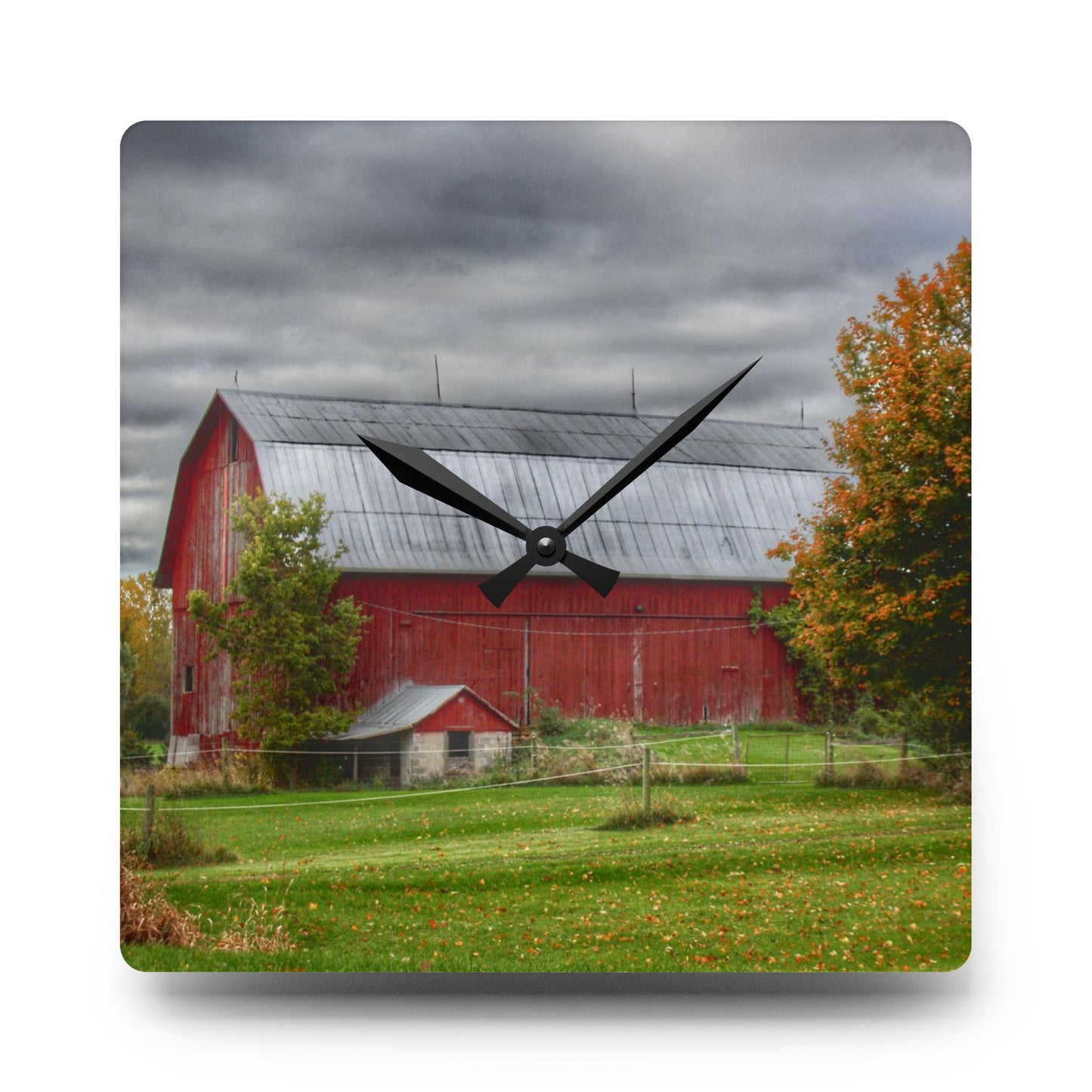 U R There Photography Columbiaville Red in Fall II Rustic Farmhouse Acrylic Analog Wall Clock