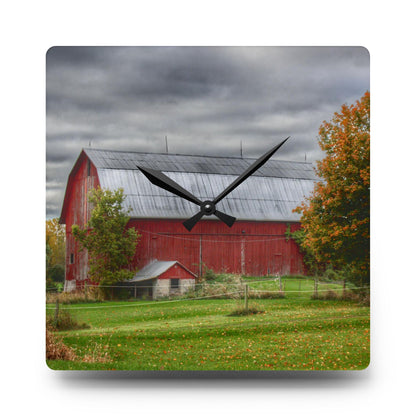 U R There Photography Columbiaville Red in Fall II Rustic Farmhouse Acrylic Analog Wall Clock
