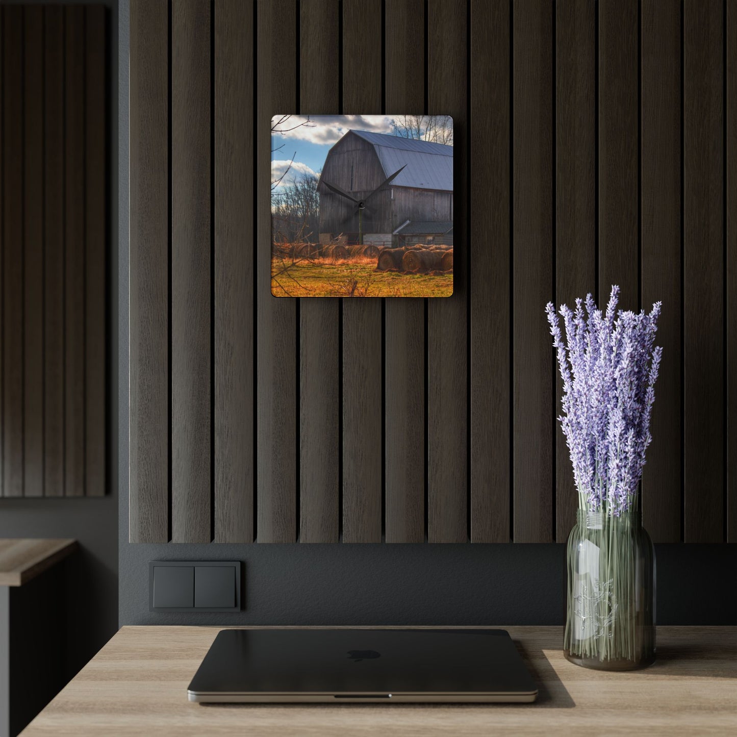 U R There Photography Sandusky Grey Haybarn Rustic Farmhouse Acrylic Analog Wall Clock