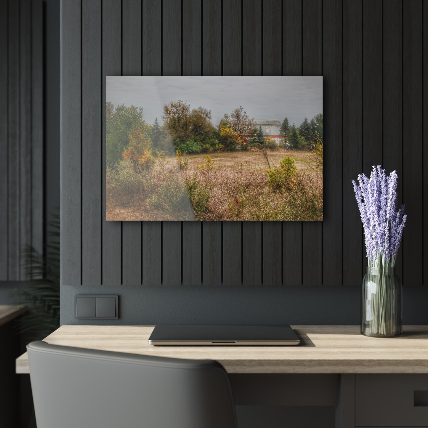 U R There Photography Hadley Road Hidden Red in Fall Rustic Farmhouse Acrylic Wall Print