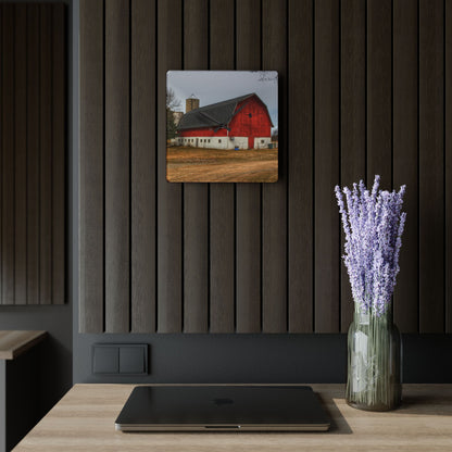 U R There Photography Hunters Creek Red Cow Barn II Rustic Farmhouse Acrylic Analog Wall Clock