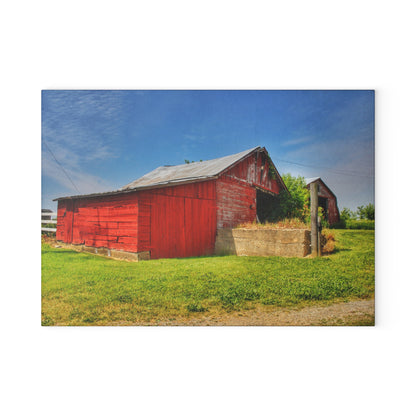 U R There Photography Marlette Road Saltbox Red Rustic Farmhouse Tempered-Glass Cutting Board