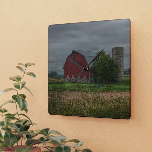 U R There Photography Clifford Road Red and Silo II Rustic Farmhouse Acrylic Analog Wall Clock